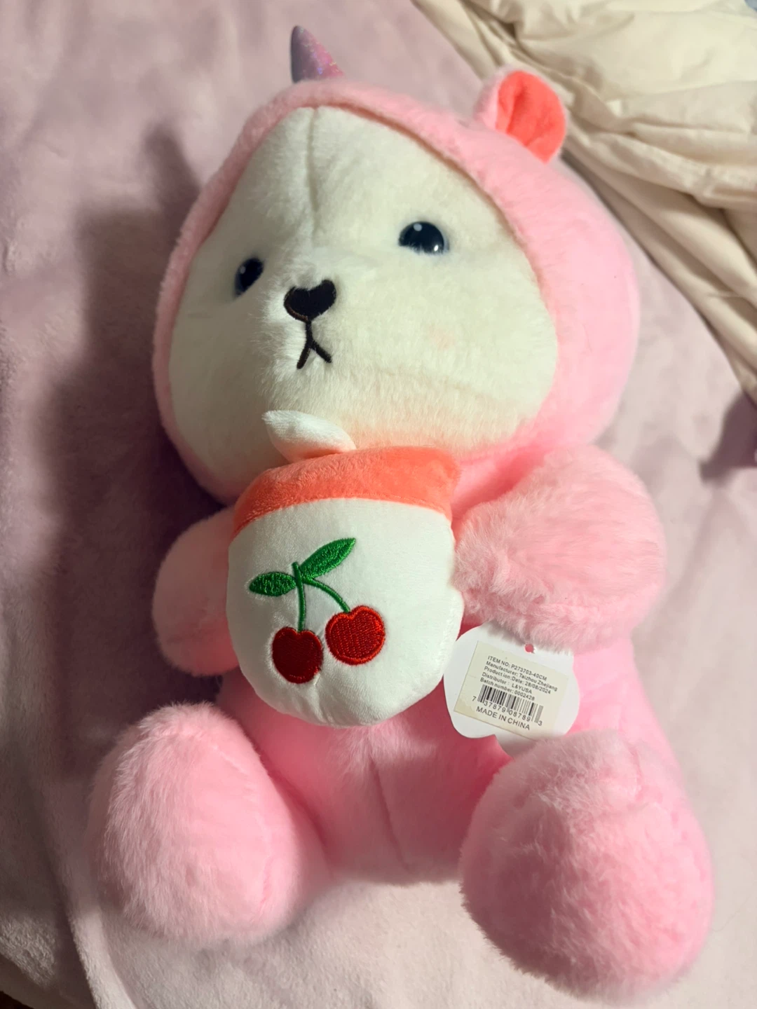 Pink Unicorn Bear Plush with Cherry Cup