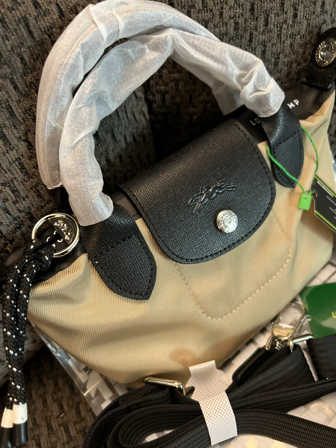 Longchamp Le Pliage Green Mini Top Handle Bag Beige