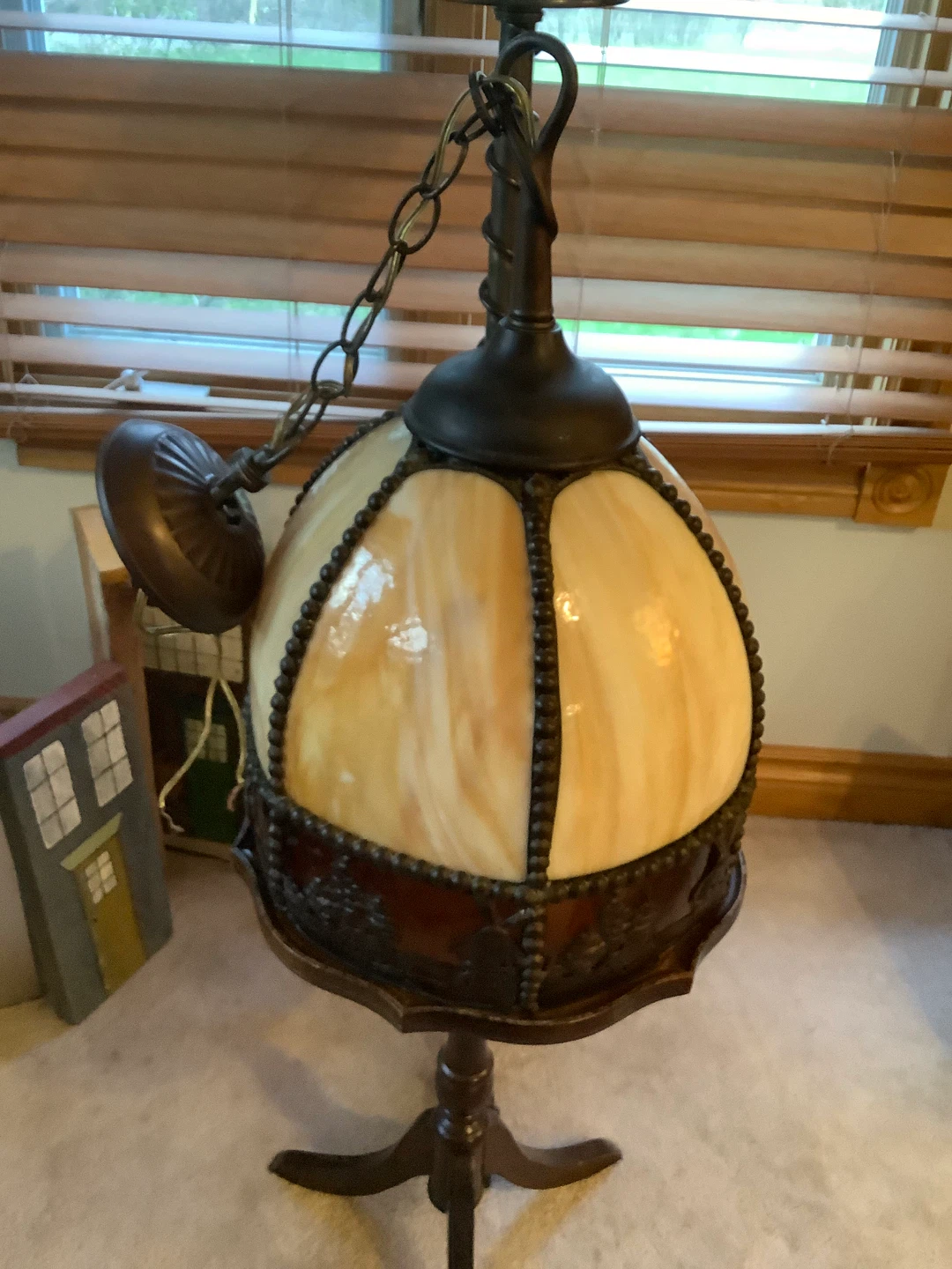 Vt Arts & Crafts 6 Panel Bent Slag Glass Swag Pendant Lamp 🐞