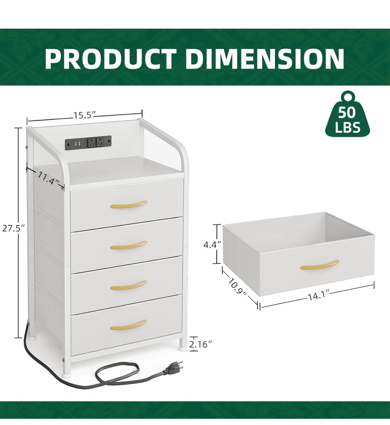 White 4-Drawer Nightstand with Charging Station N4P - photo 2