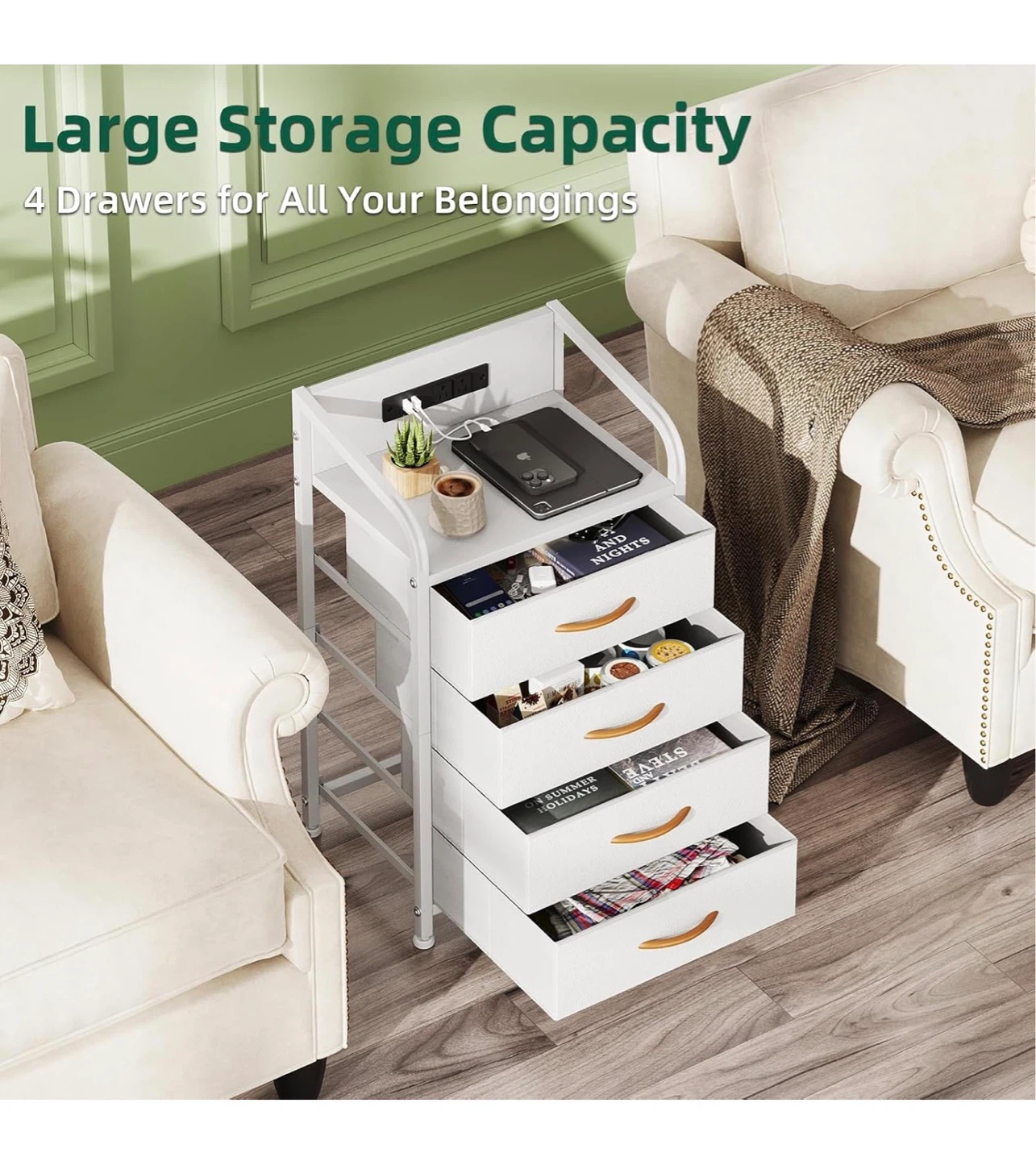 White 4-Drawer Nightstand with Charging Station N4P - photo 4