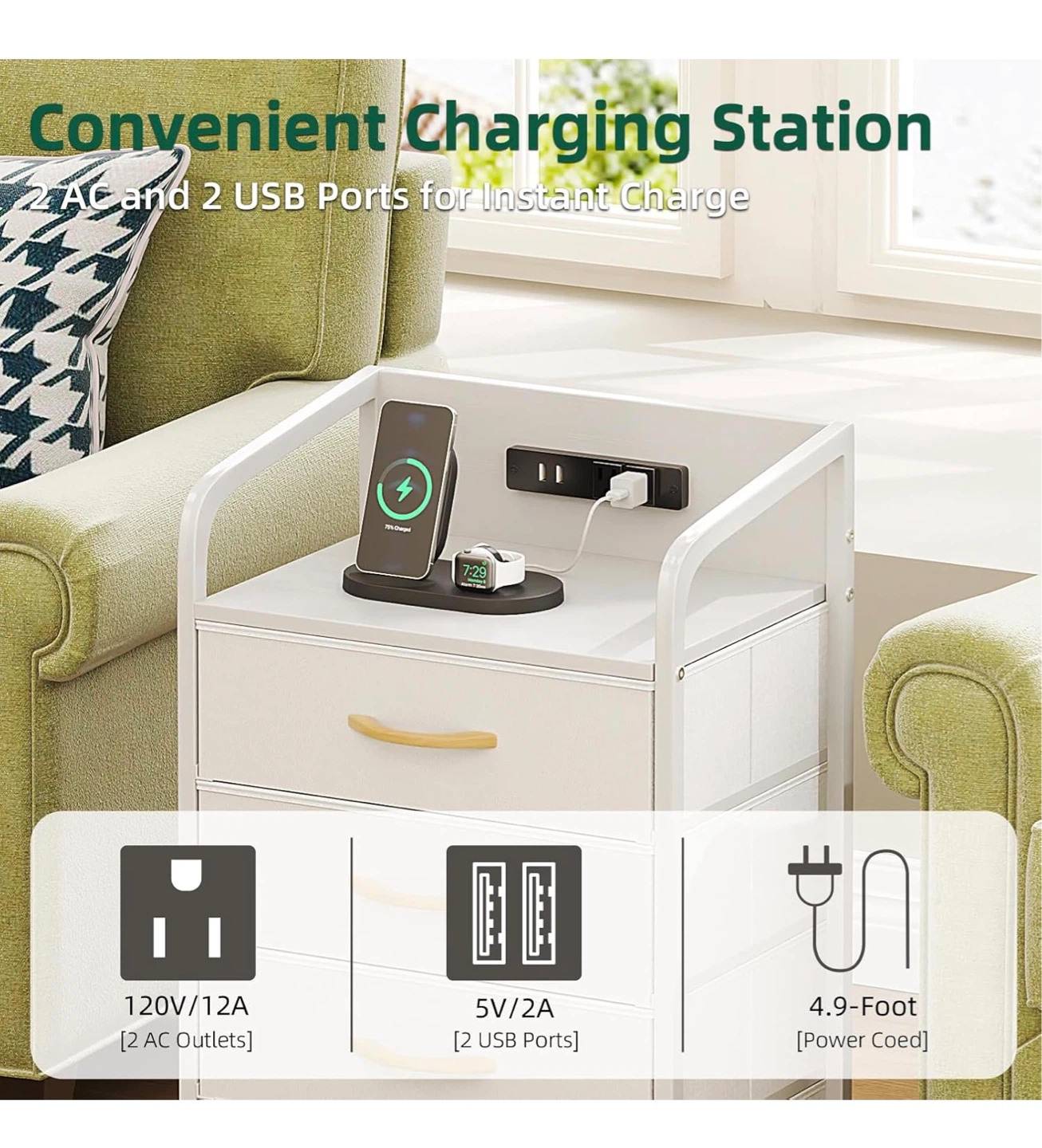 White 4-Drawer Nightstand with Charging Station N4P - photo 3