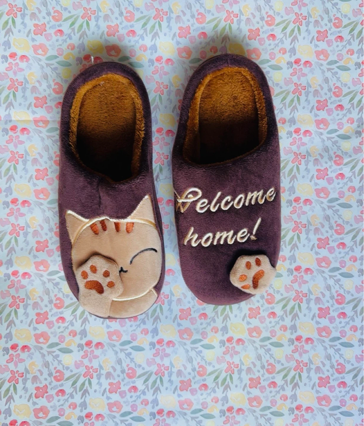 Plush Cat Slippers "Welcome Home!"