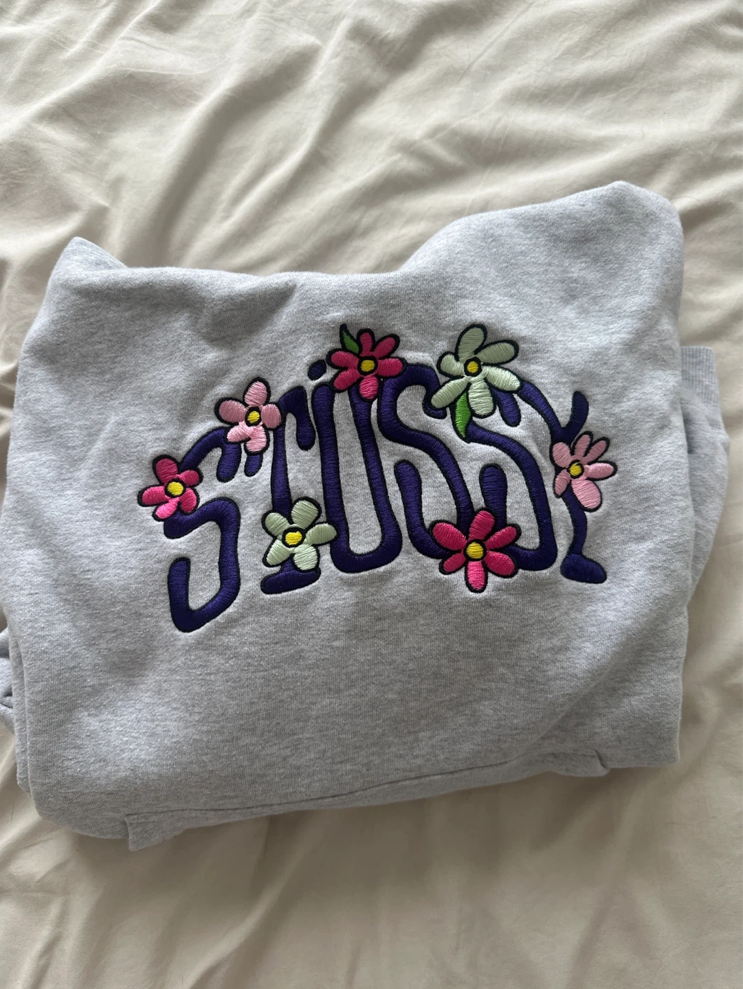 Stussy Grey Embroidered Flower Hoodie