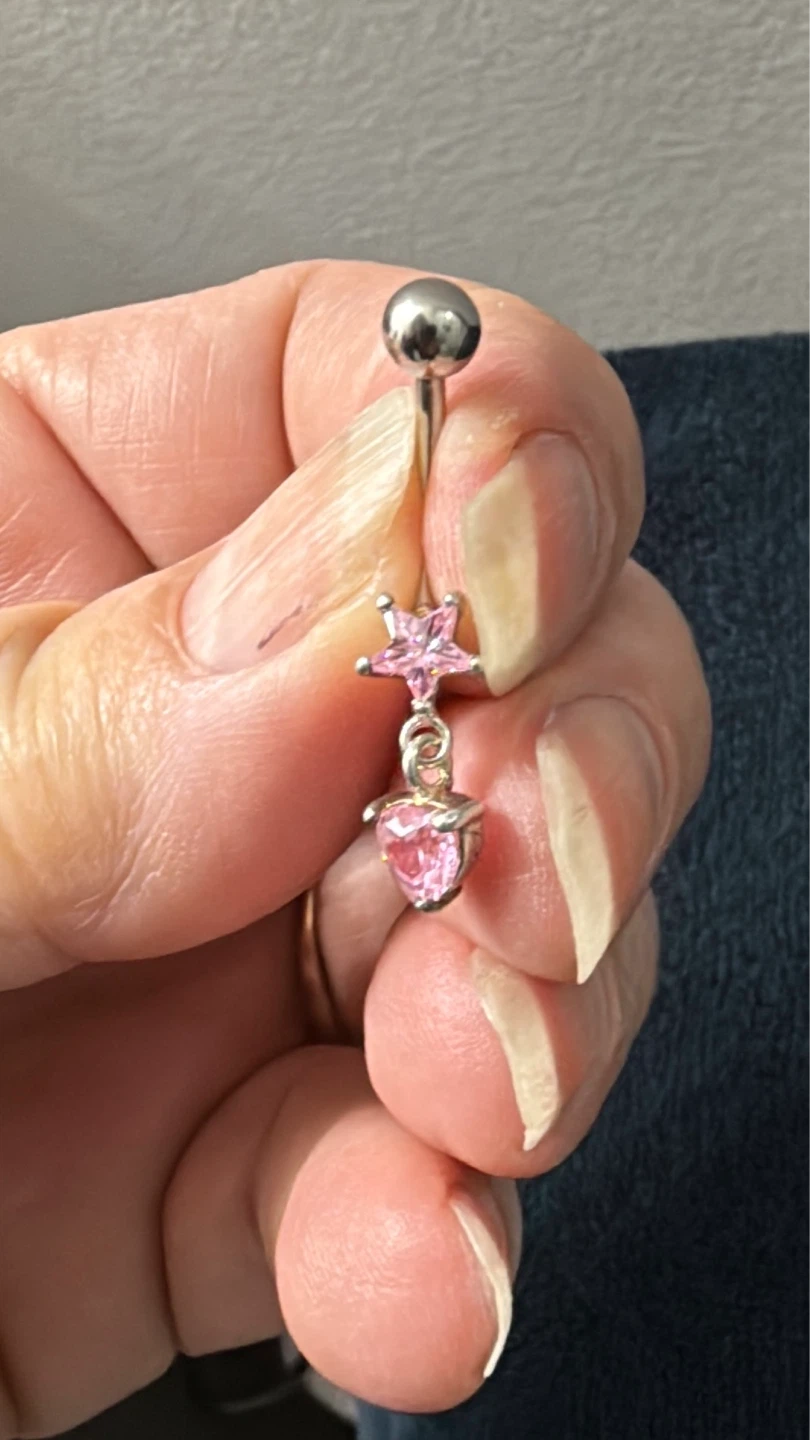 925 Sterling Silver Belly Ring w/ Pink Star & Heart Charm