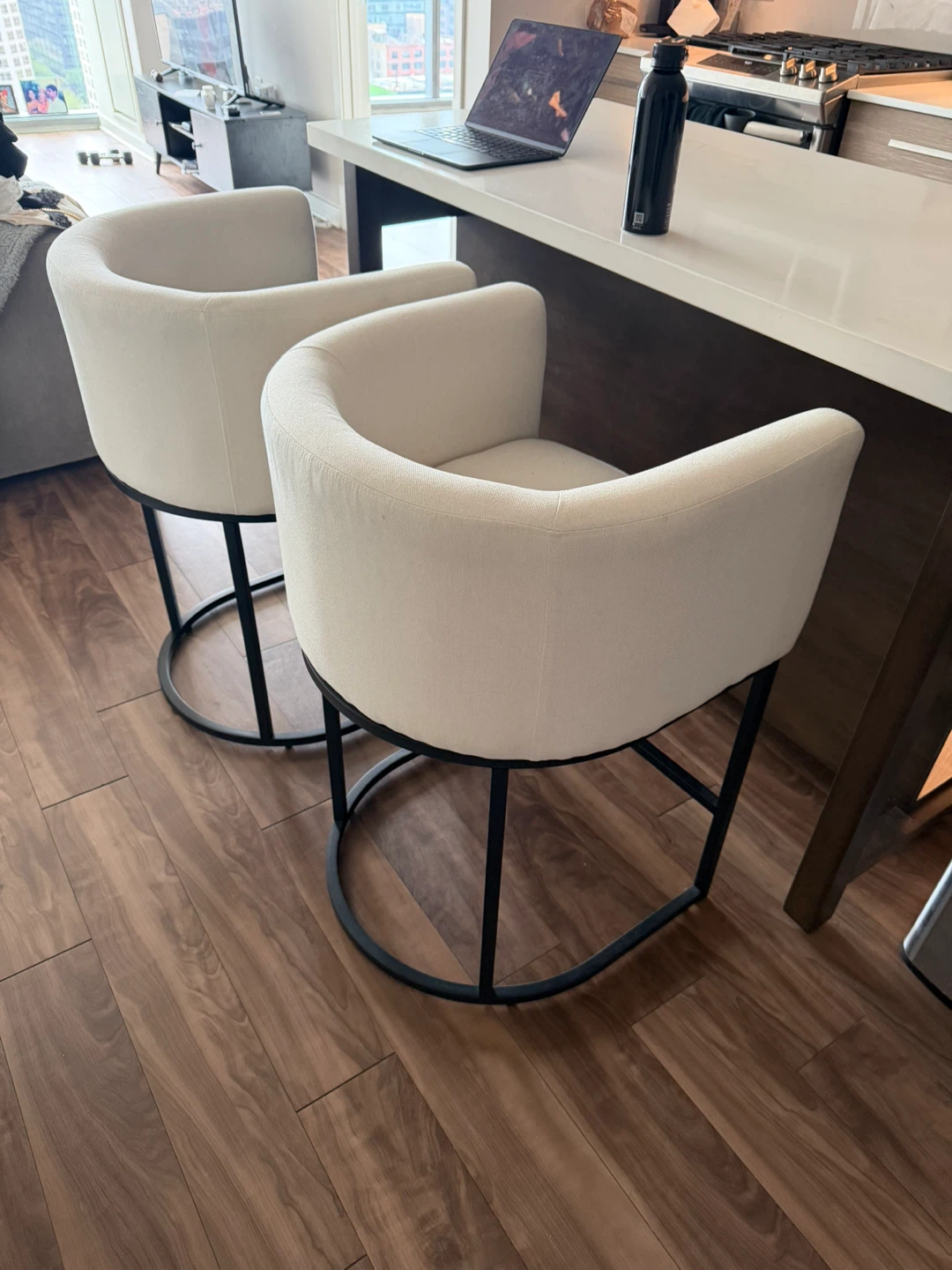 Cream Upholstered Bar Stools with Black Metal Base (Set of 2)