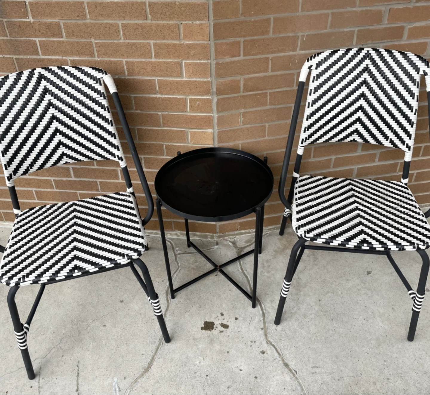 Black and White Woven Patio Chairs with Side Table