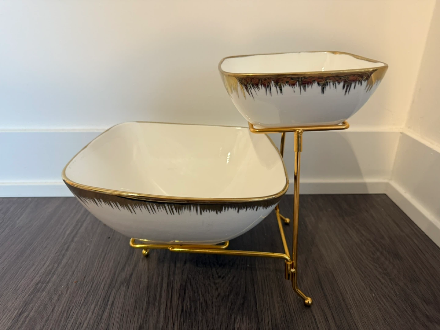 White Ceramic 2-Tier Serving Stand with Gold Trim