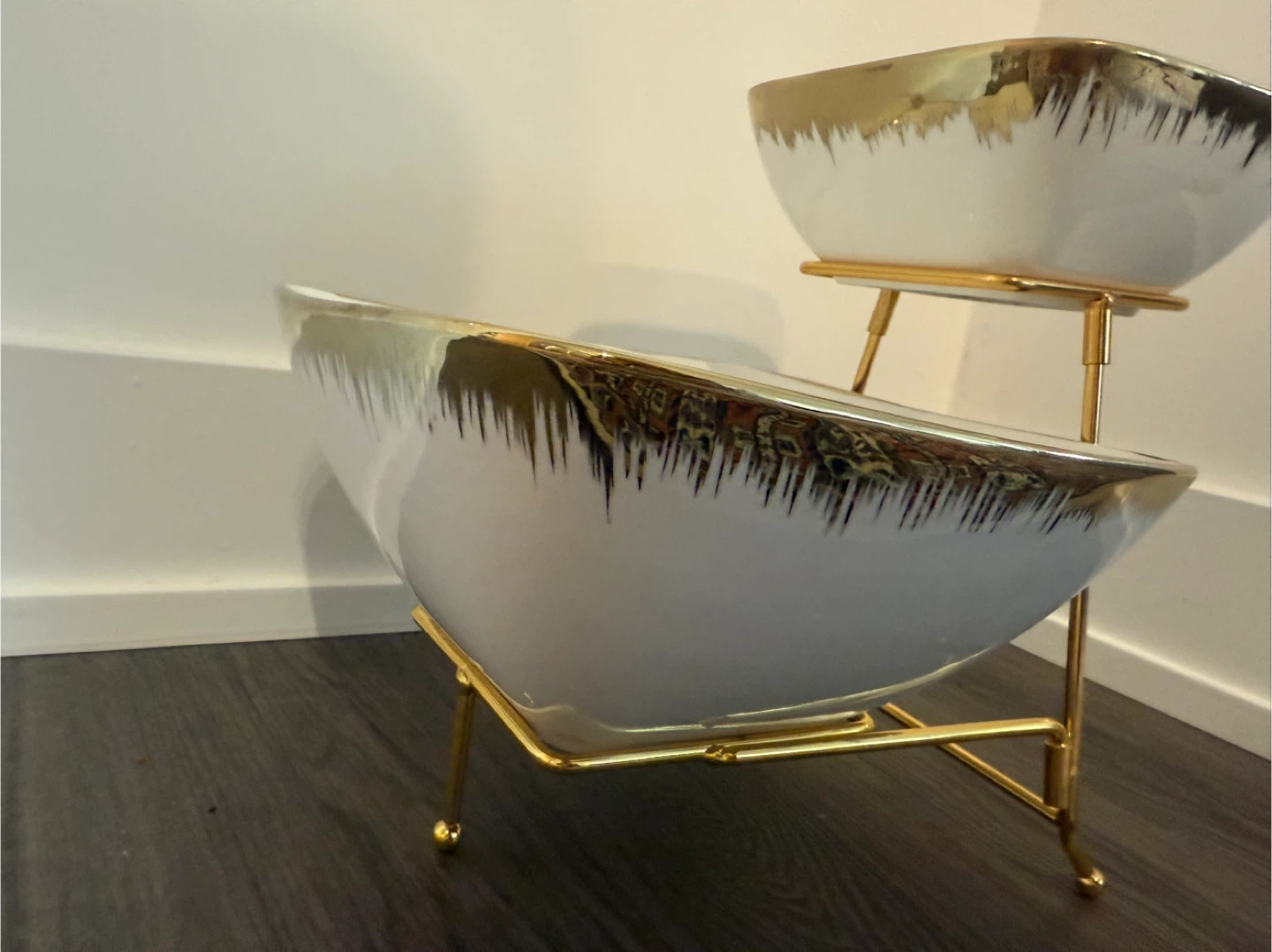 White Ceramic 2-Tier Serving Stand with Gold Trim - photo 3