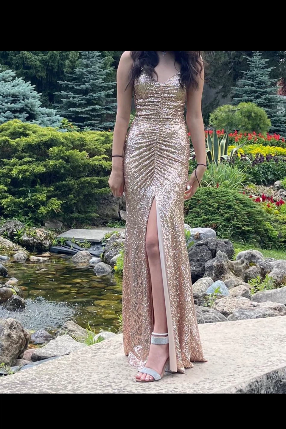 Sequin Strapless Gown with Slit