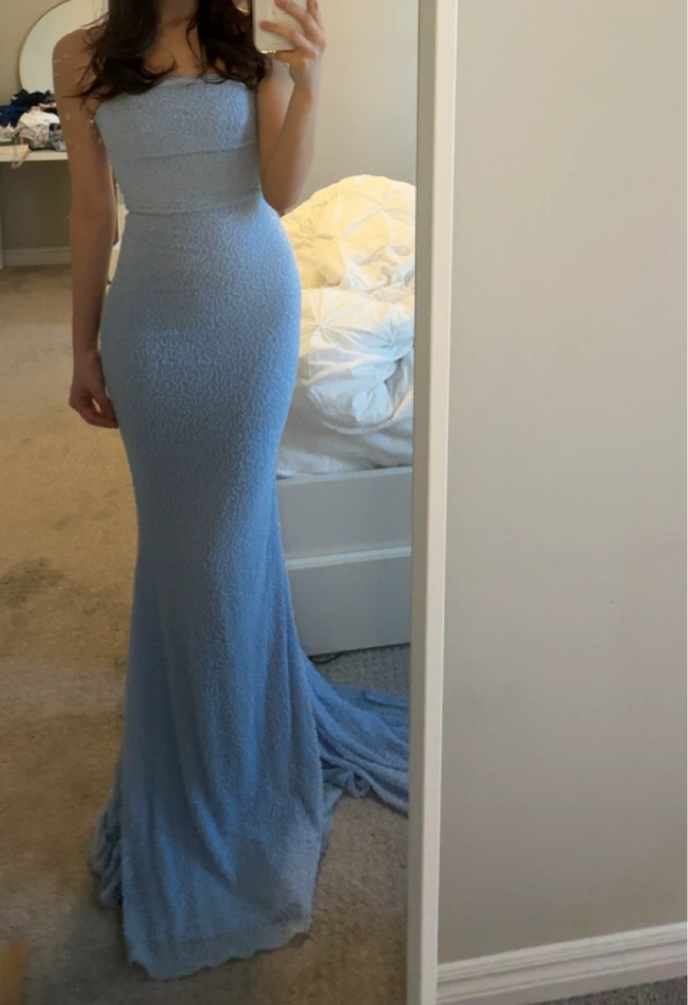 oh polly Light Blue Strapless Mermaid prom dress braidmaid