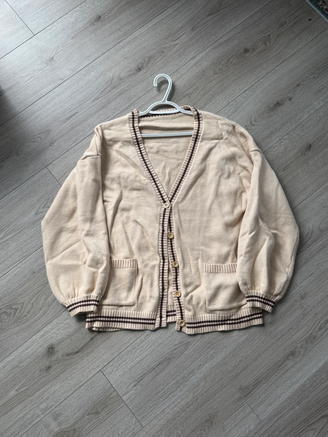 Cream Cardigan with Striped Trim
