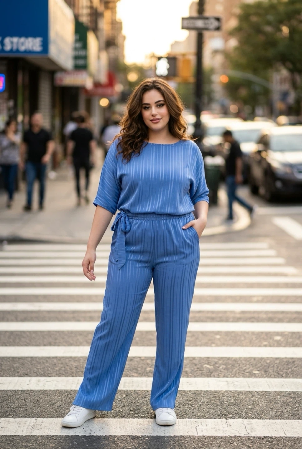 Blue striped jumpsuit with tie waist - photo 3