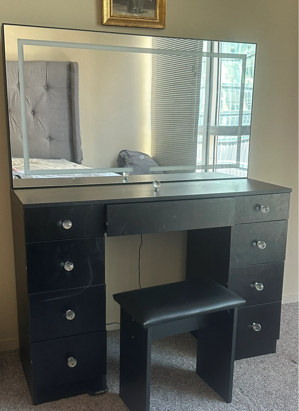Black Vanity Dresser with Lighted Mirror and Stool