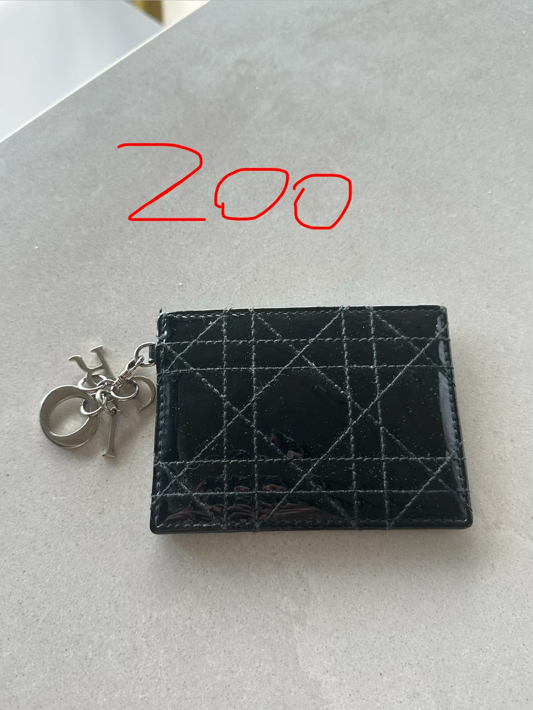 Christian Dior Black Patent Cannage Card Holder w/ Charm