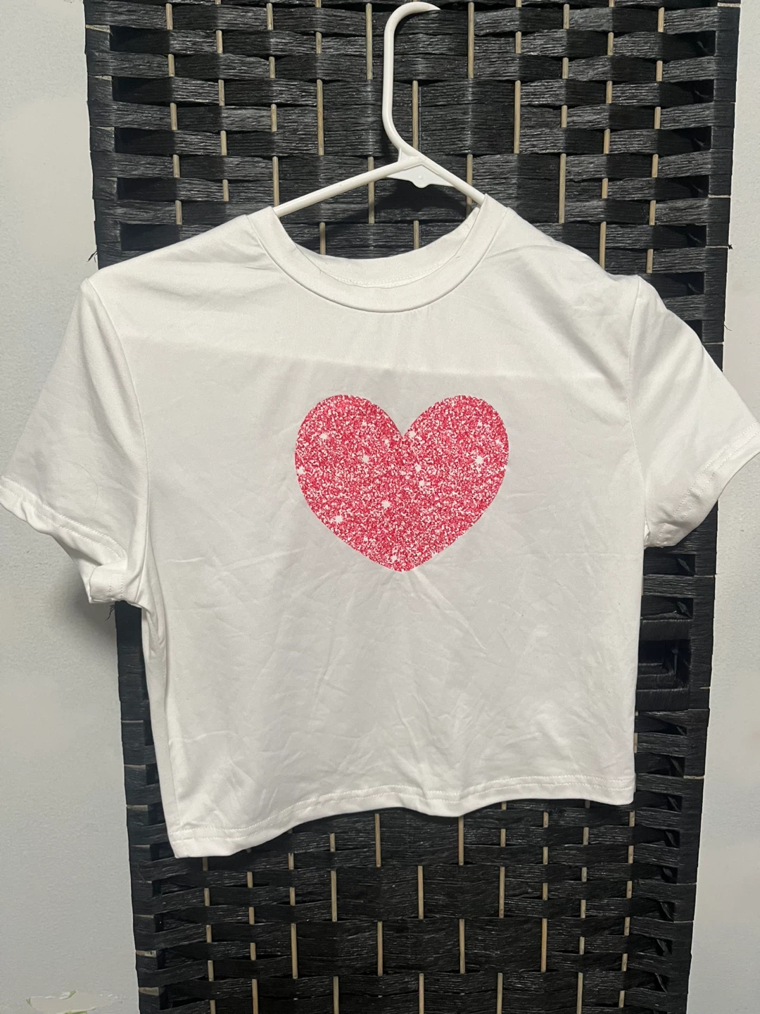 White Cropped T-Shirt with Pink Glitter Heart