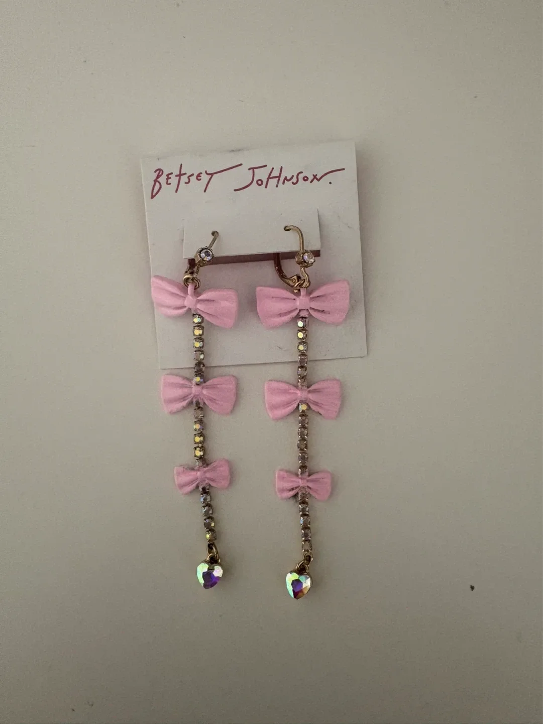 Betsey Johnson Pink Bow & Heart Drop Earrings