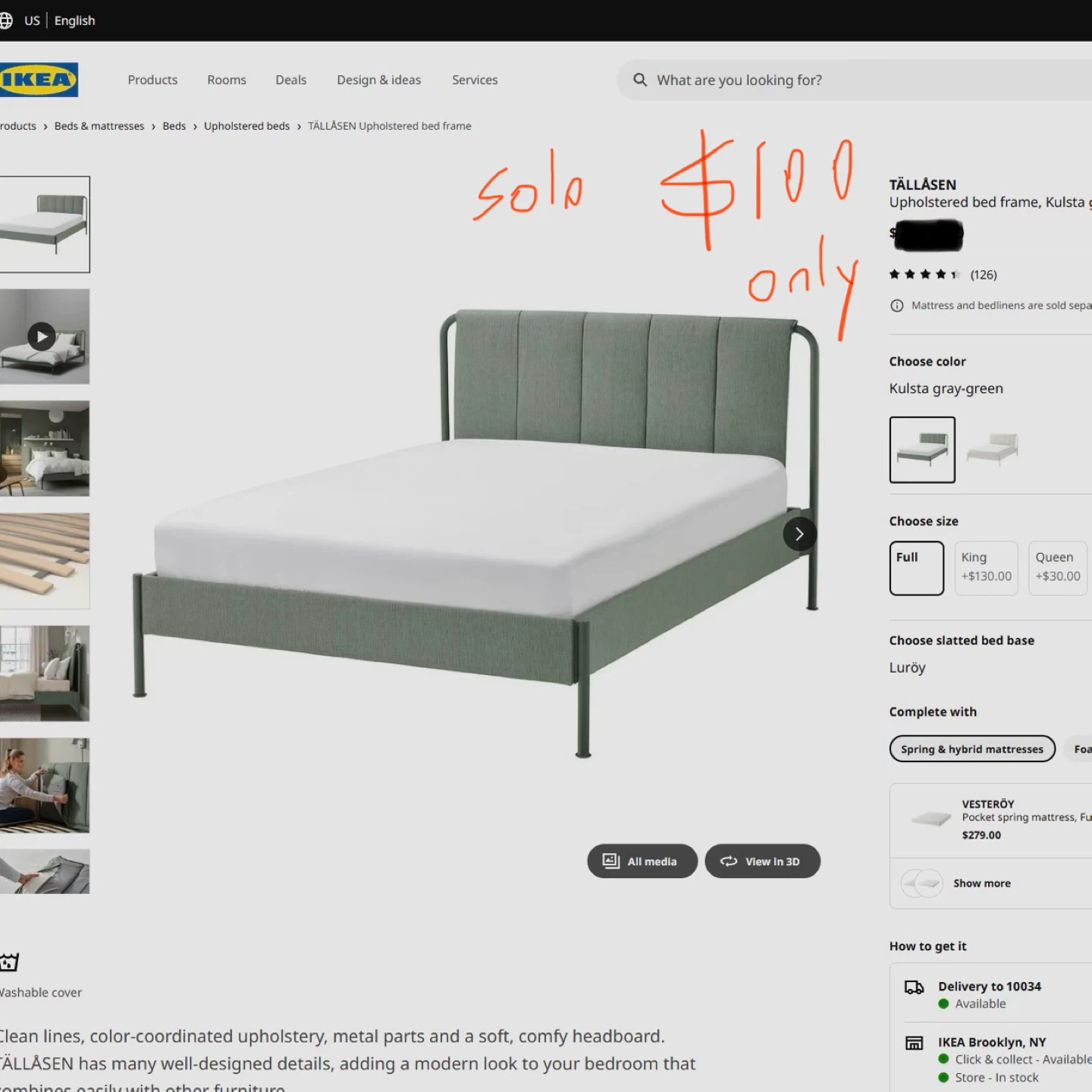 IKEA TÄLLÄSEN Upholstered Bed Frame - Gray-Green
