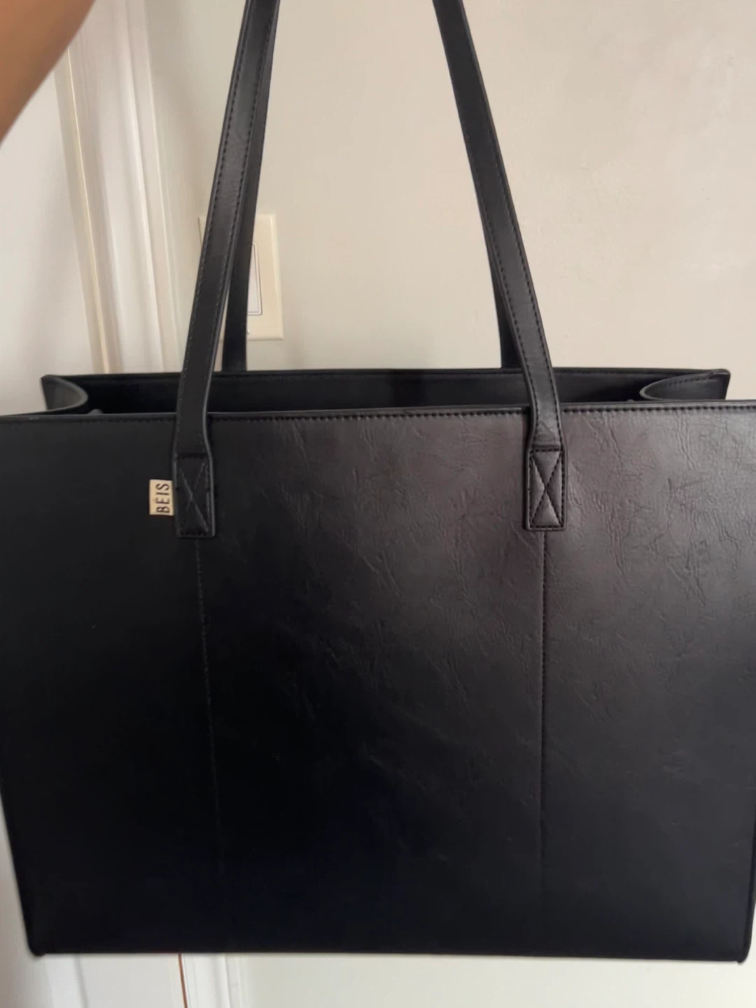 Beis Large Work Tote- Black Faux Leather Tote Bag