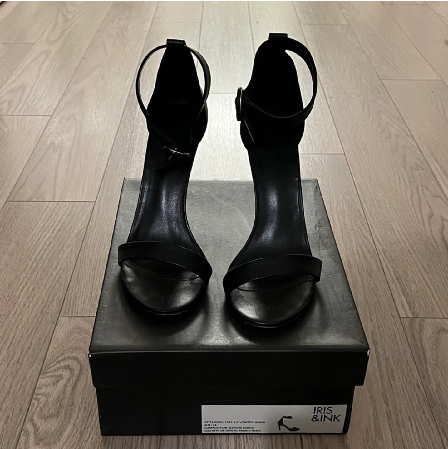 Iris & Ink Black Leather Ankle Strap Heels