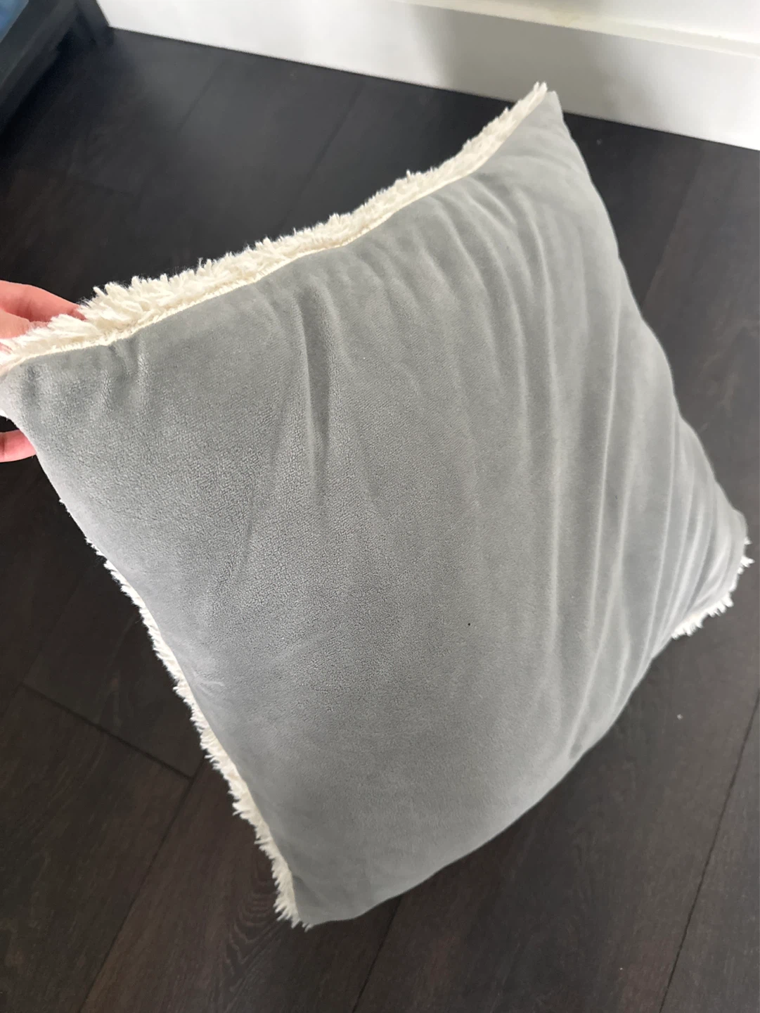 Cream and grey faux fur throw pillow - photo 2