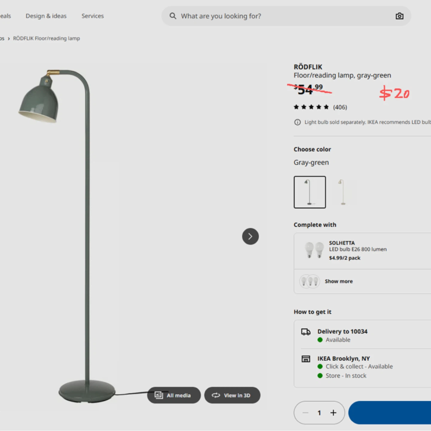 IKEA RÖDFLIK Floor/Reading Lamp, Gray-Green - photo 2