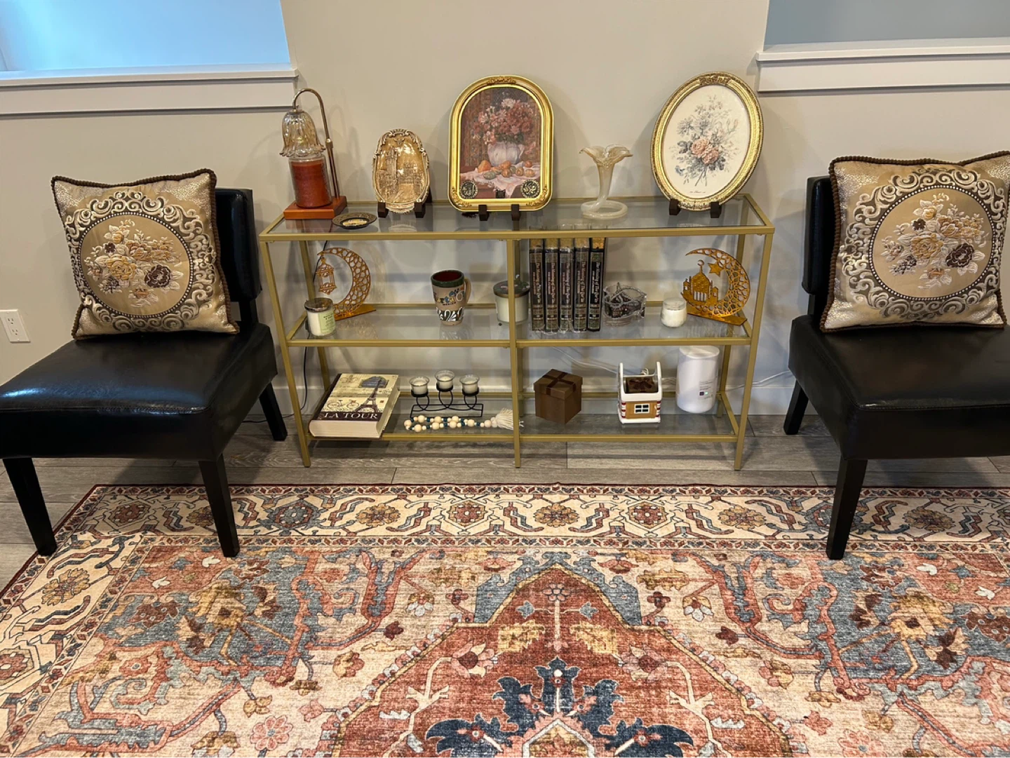Decorative Gold Console Table with Glass Shelves