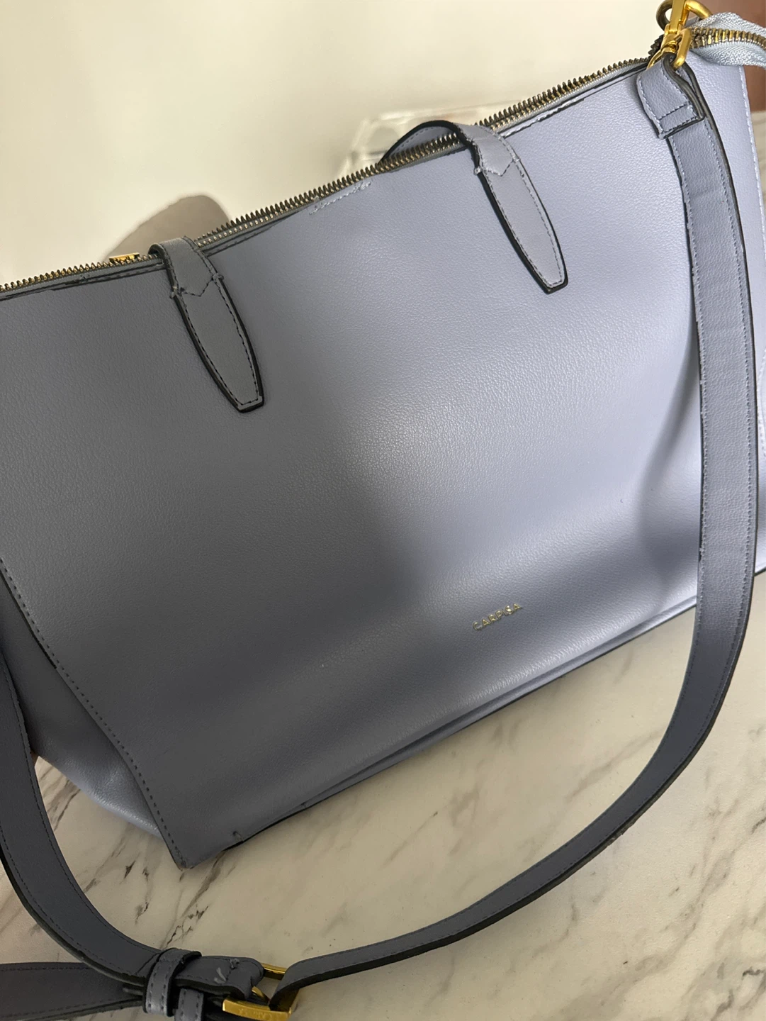 Light Blue Faux Leather Tote Bag with Shoulder Strap