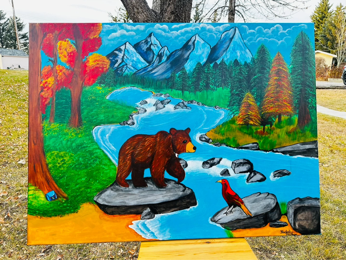 Original Painting - Bear and Bird Landscape