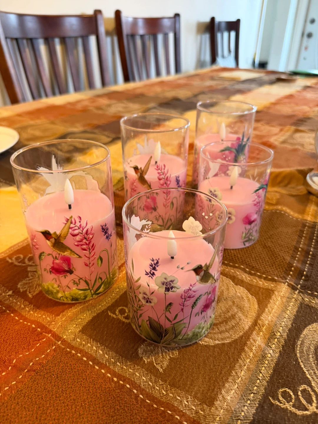 Set of 5 Pink Hummingbird Floral Scented Glass Candles
