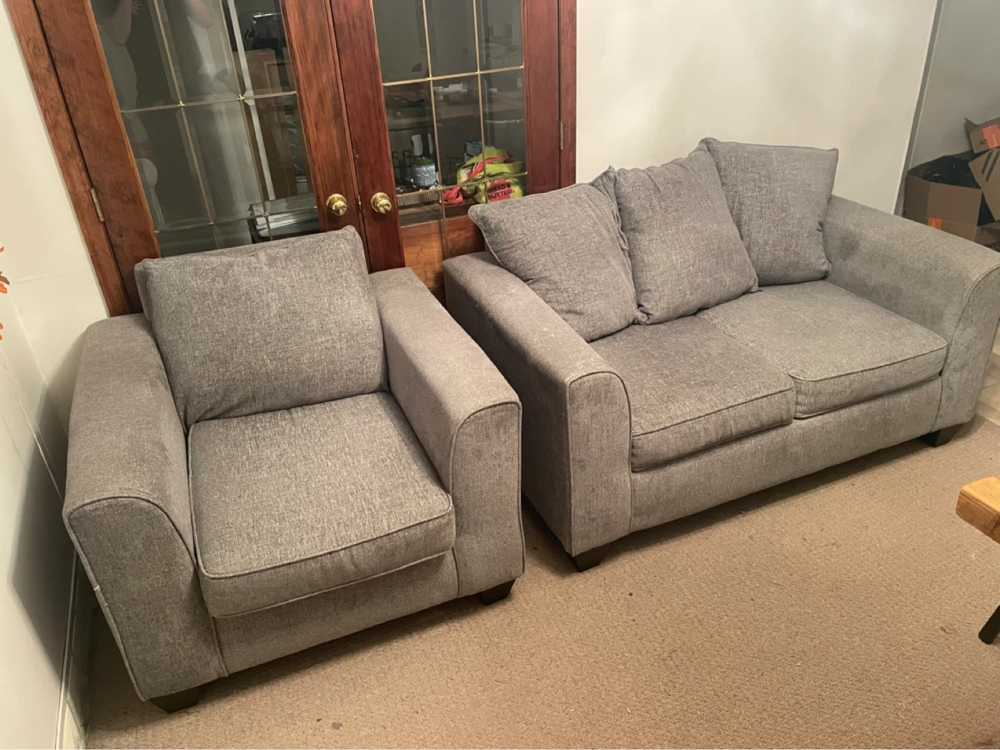 Grey Fabric Loveseat and Armchair Set
