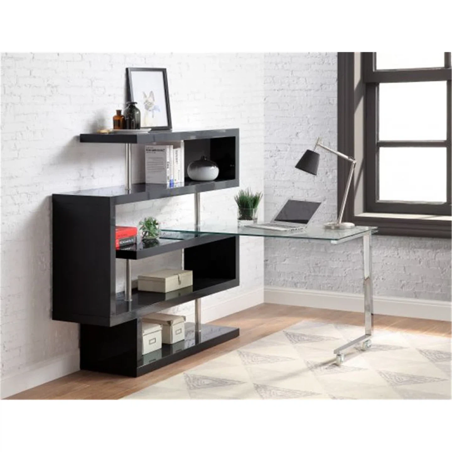 (NEW UNOPENED) L-shaped Glass Desk w/ S-shaped shelving