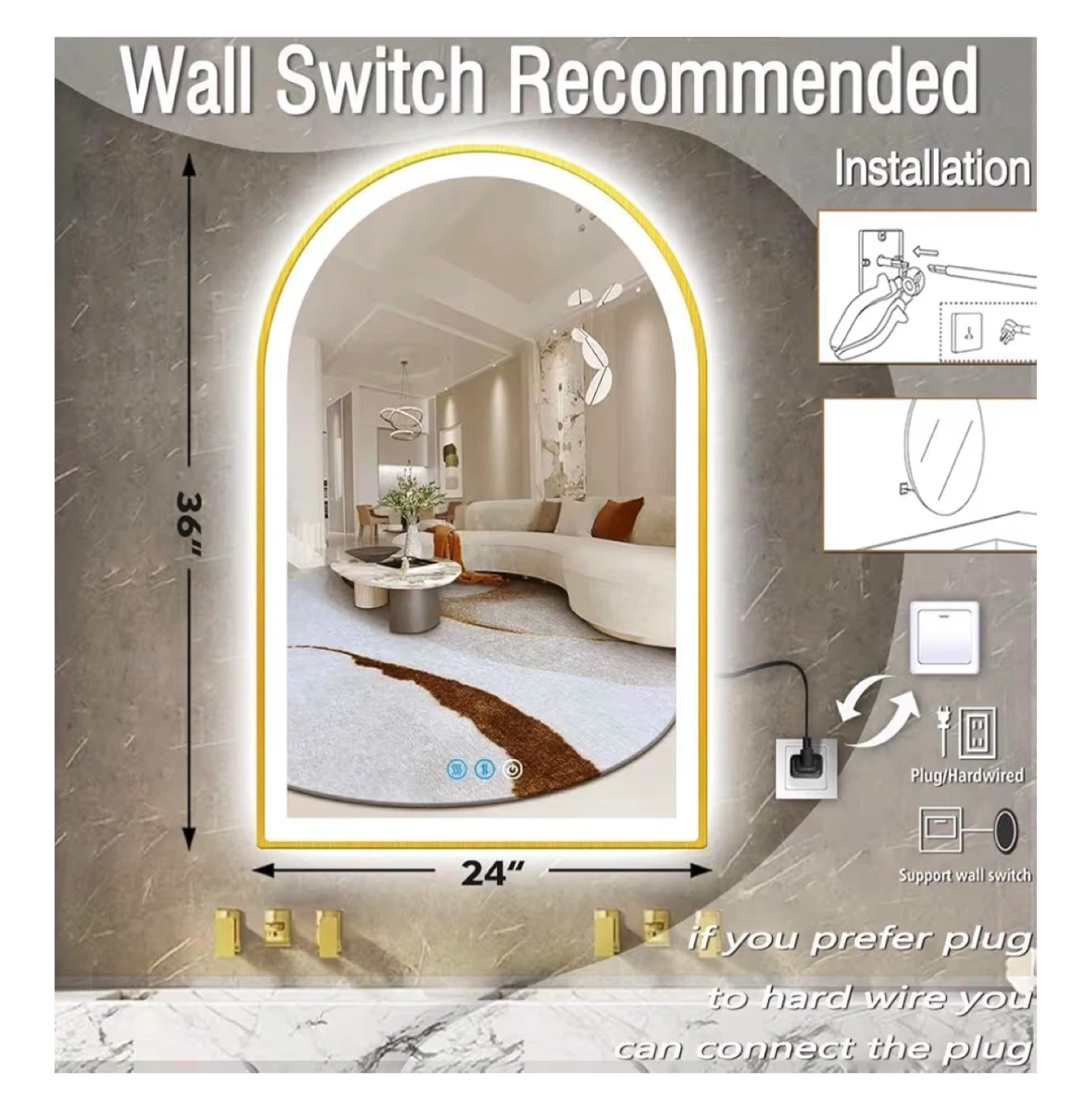 Arched LED Bathroom Mirror 24" x 36" with Anti-Fog - photo 3