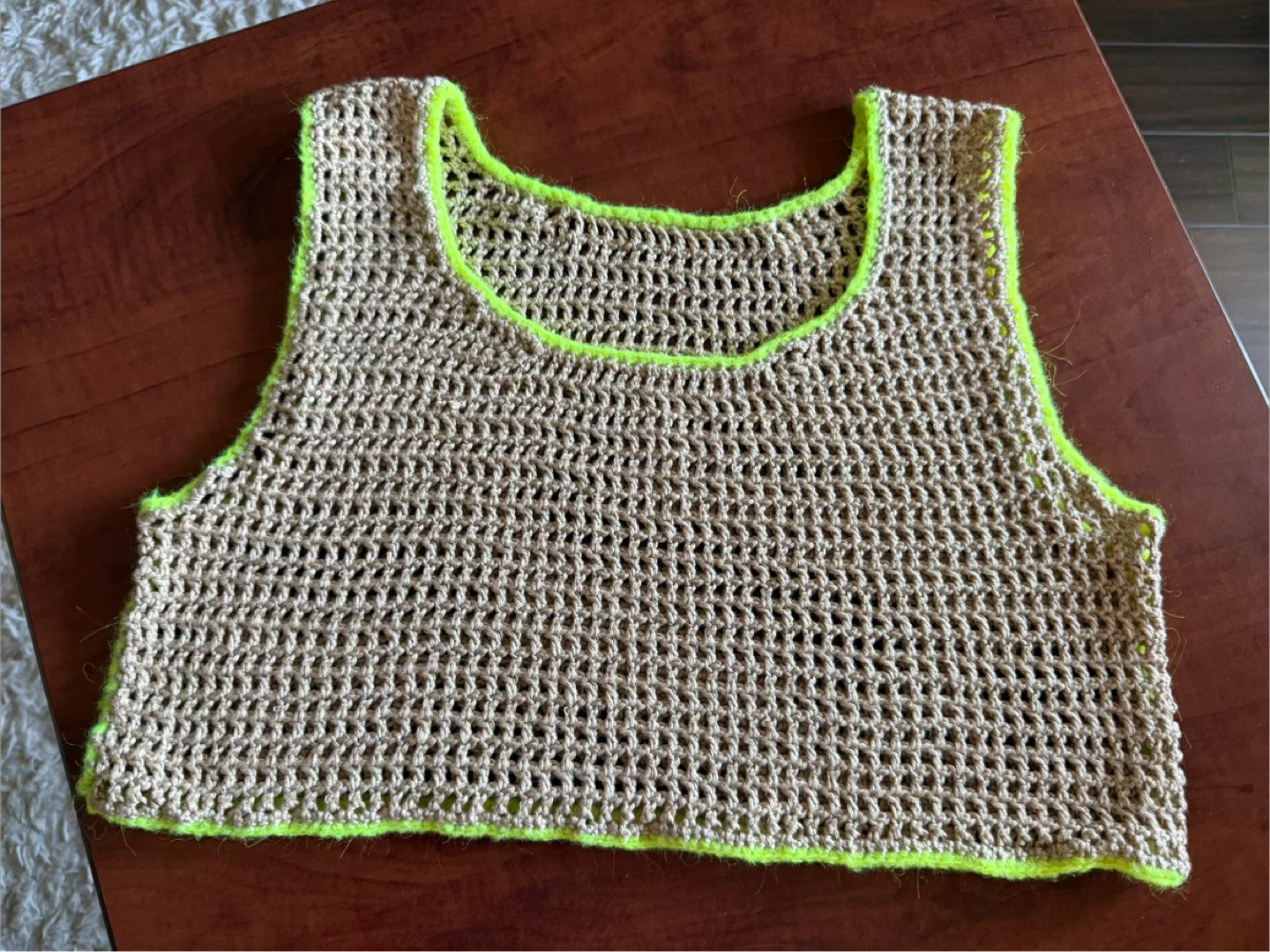 Crocheted Tank Top - Tan with Neon Green Trim - photo 4