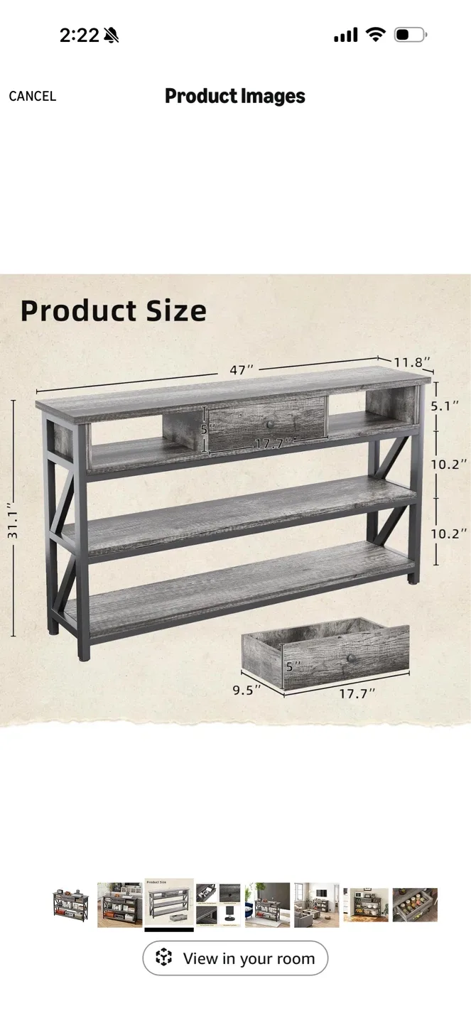 Rustic Grey Console Table with Drawer and Shelves