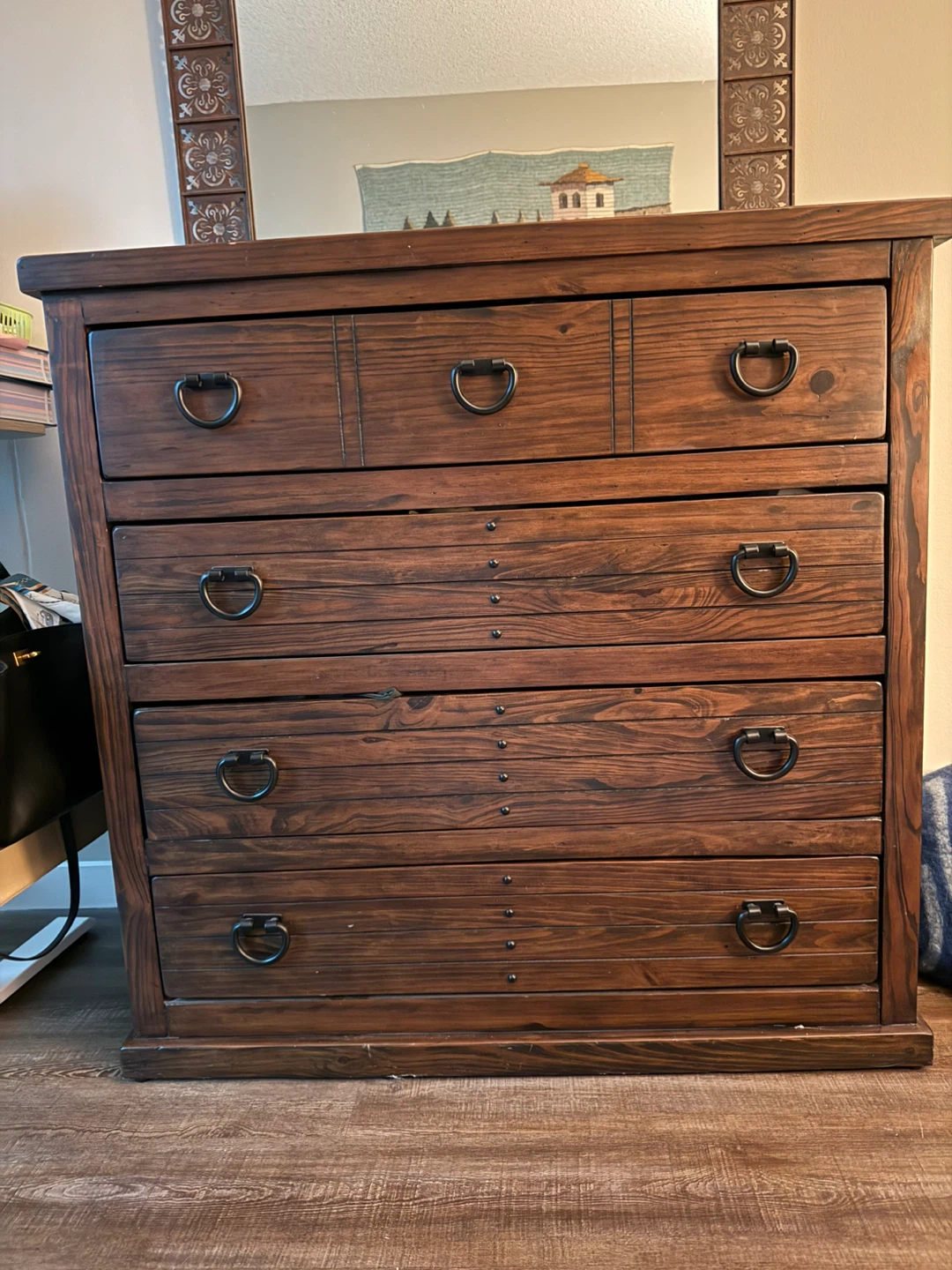 Dark Wood 5-Drawer Dresser with Mirror