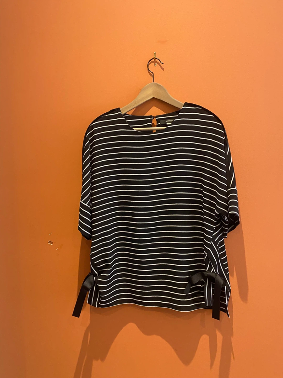Fishnet made Black and White Striped Top with Bow Details