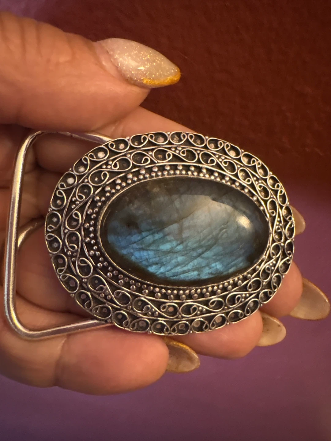 NEW vintage Sterling Silver Genuine Labradorite Belt Buckle - photo 5