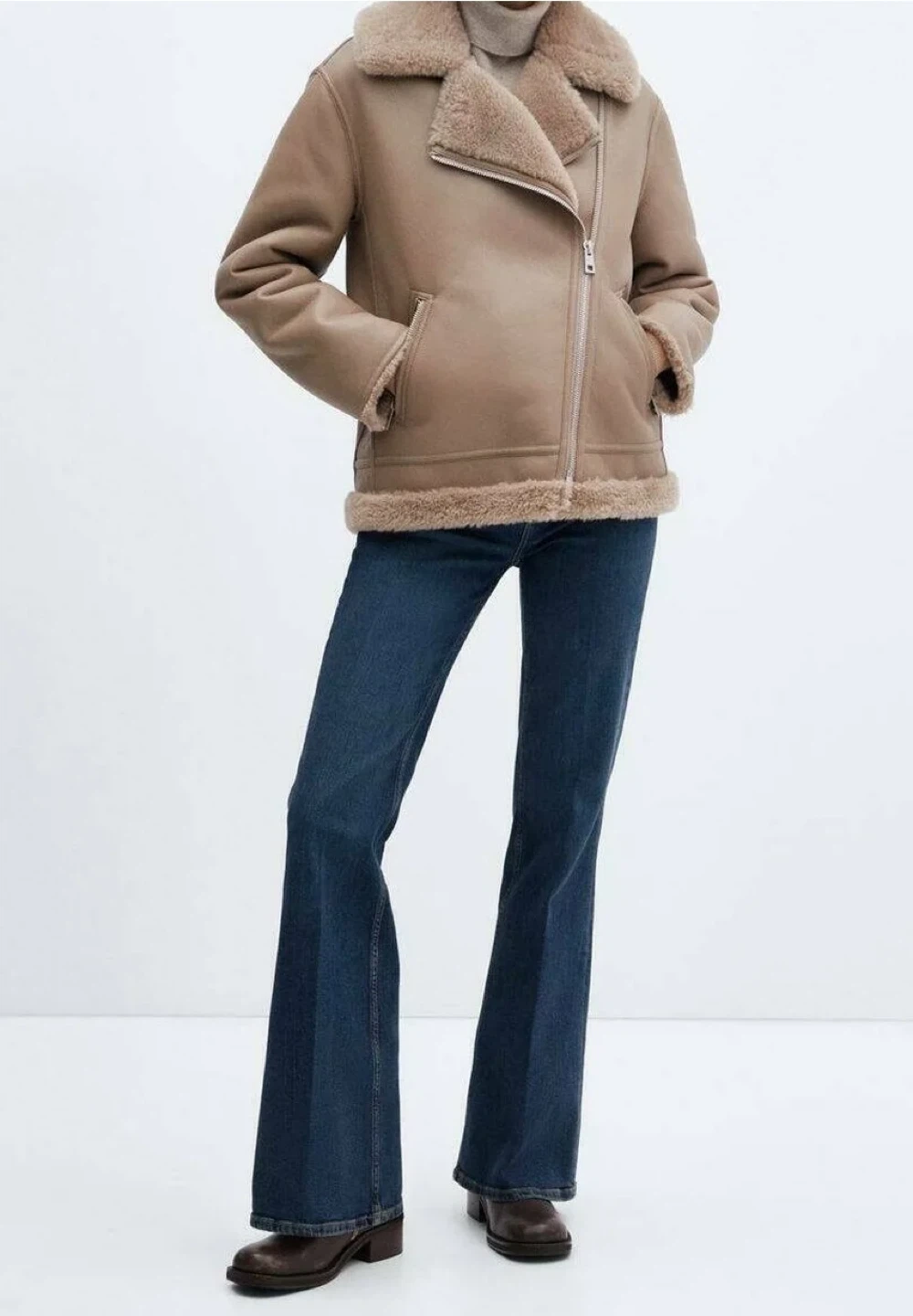 Mango Women's Faux Shearling Lined Aviator Jacket - Tan/Beige - photo 2