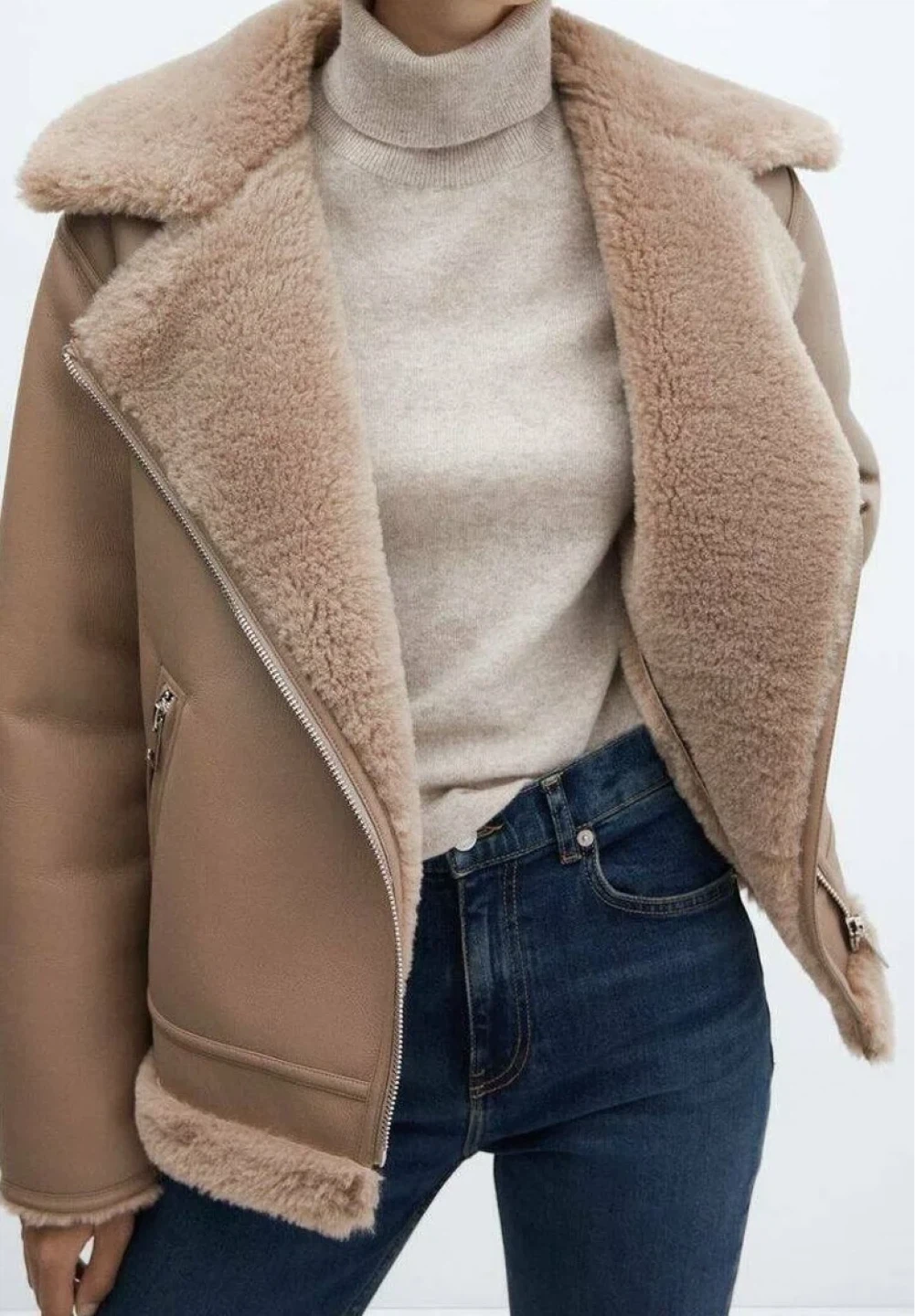 Mango Women's Faux Shearling Lined Aviator Jacket - Tan/Beige