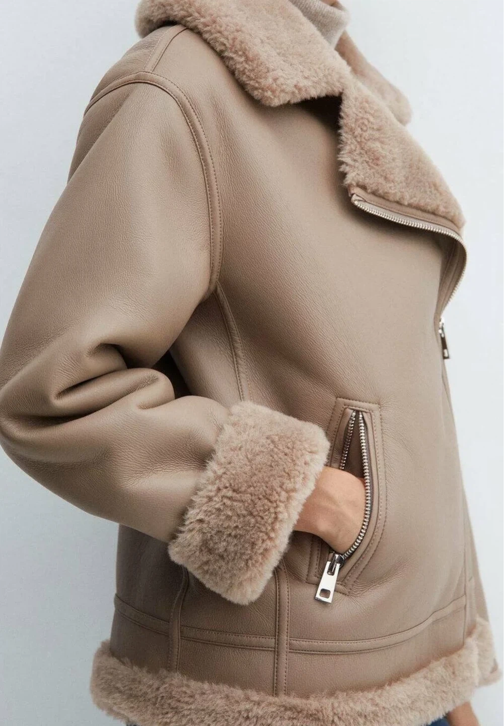 Mango Women's Faux Shearling Lined Aviator Jacket - Tan/Beige - photo 4