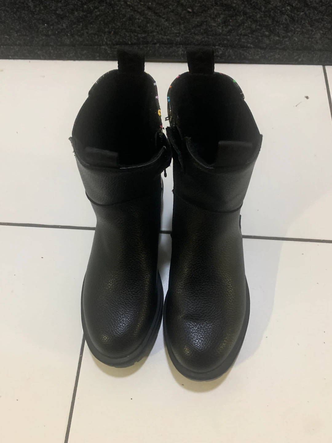 Girls Black Faux Leather Boots with Multi-Color Pattern - photo 2