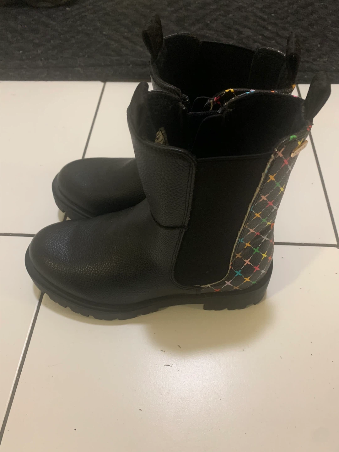 Girls Black Faux Leather Boots with Multi-Color Pattern - photo 3