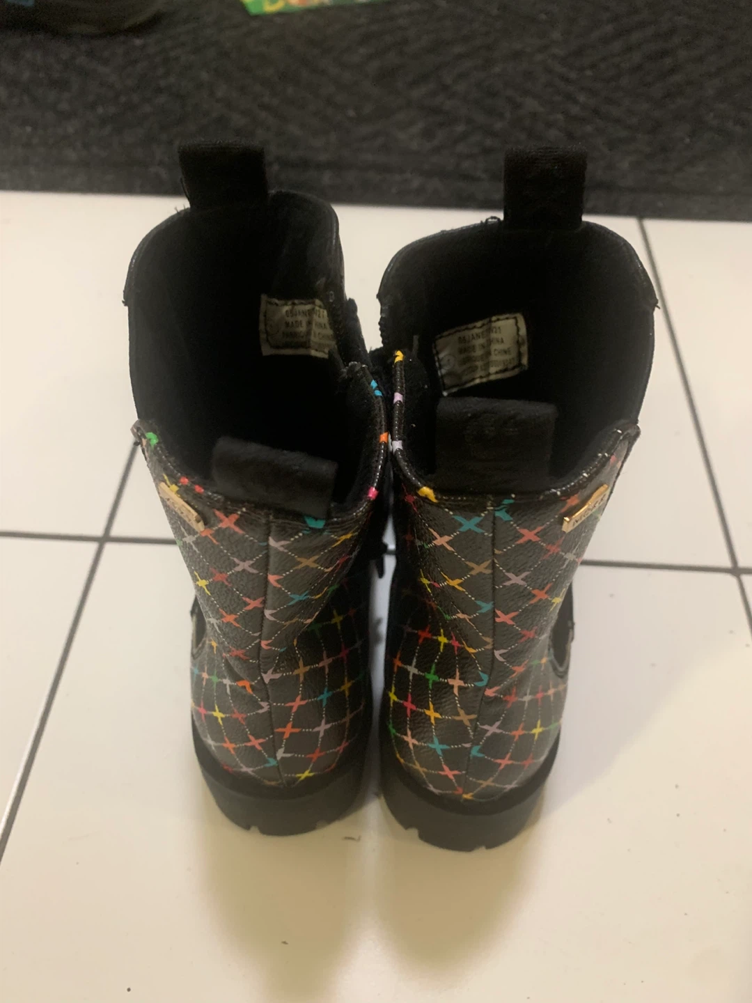 Girls Black Faux Leather Boots with Multi-Color Pattern - photo 4