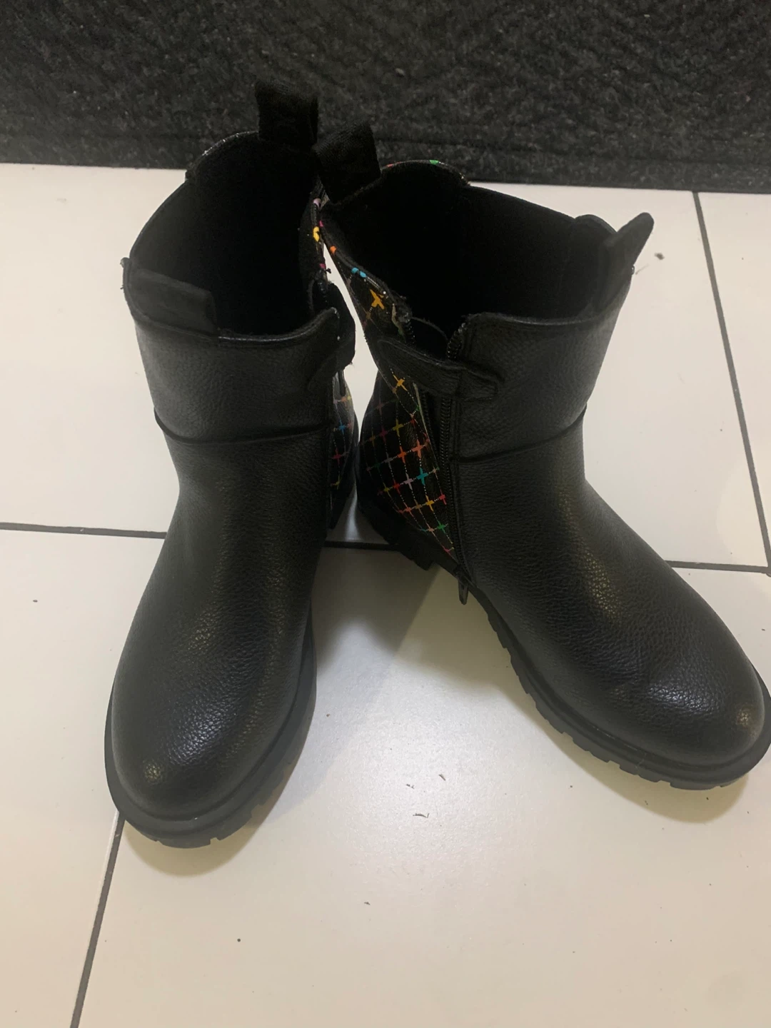 Girls Black Faux Leather Boots with Multi-Color Pattern
