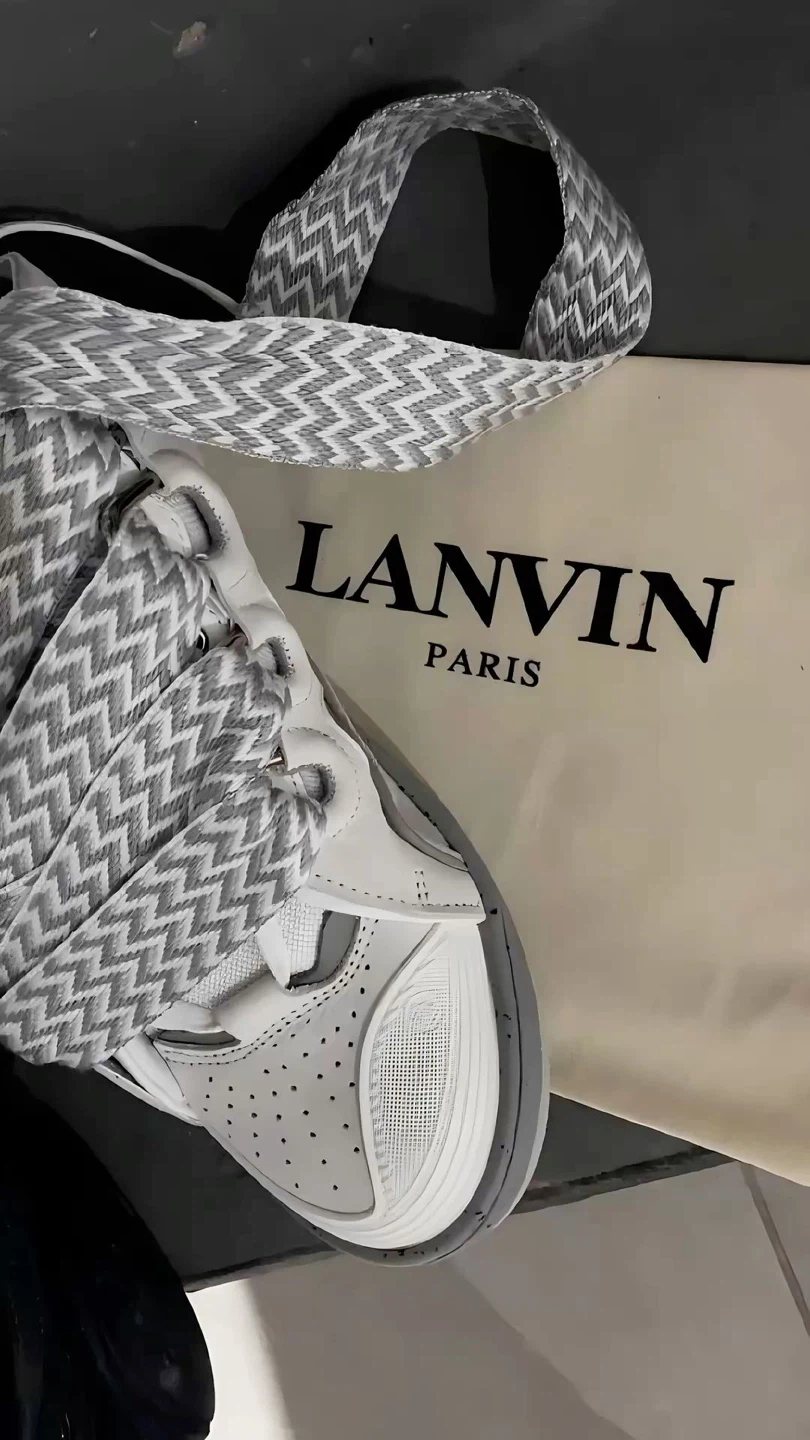 Lanvin Paris White Leather Sneakers with Zigzag Laces