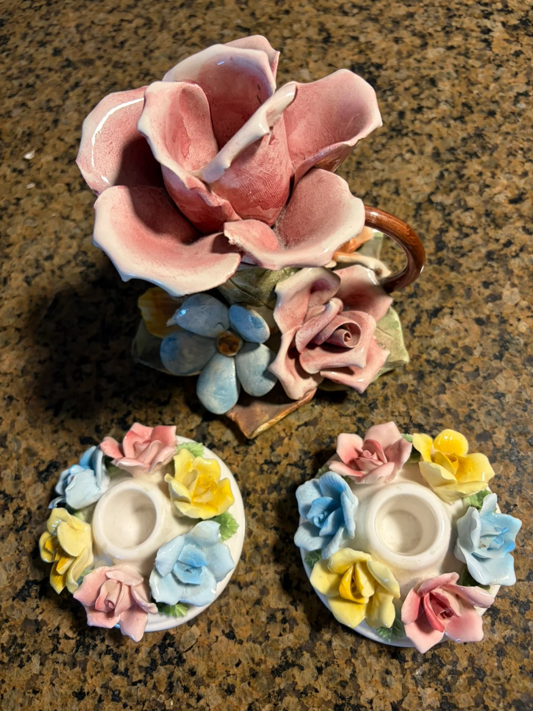 Vintage Floral Ceramic Candle Holder Set