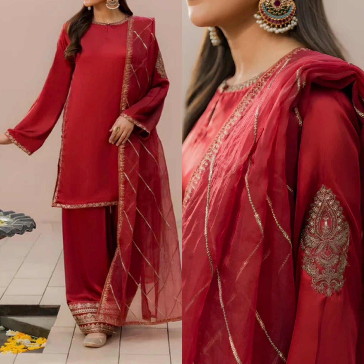 Red Embroidered Suit with Dupatta