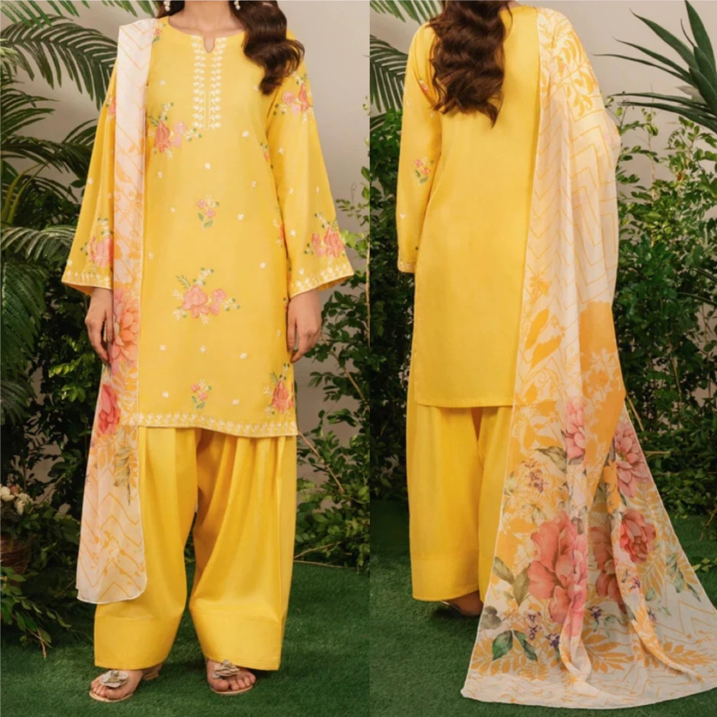 Yellow 3-Piece Embroidered Suit with Floral Dupatta