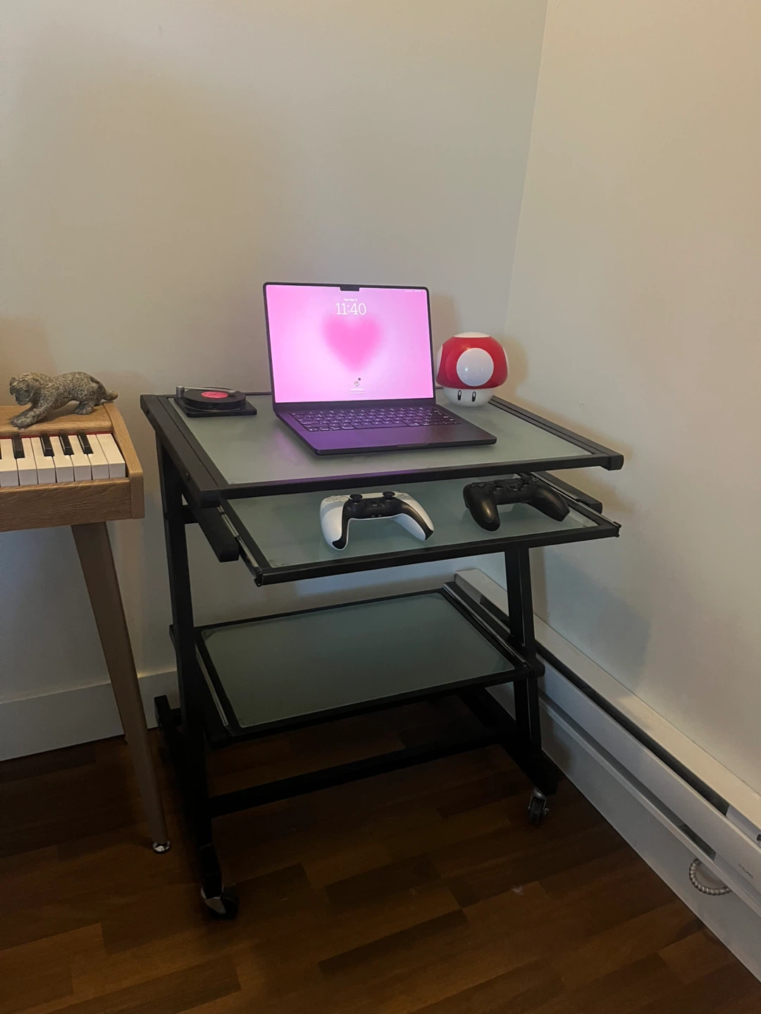 Rolling 3-Tier Desk with Glass Shelves